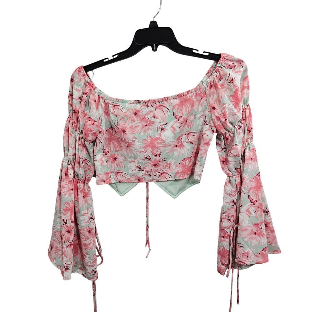 Floral Pink Puff Long Flare Sleeve Self Tie Front Crop Corset Top. Size Large - Picture 2 of 10